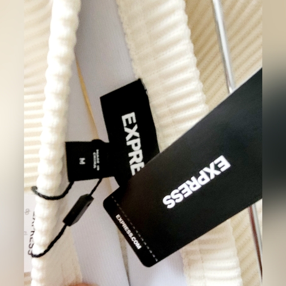 Express Elegant Luxe Ribbed Fringe Set Top+Skirt Stretch Cream Medium New - Picture 12 of 16